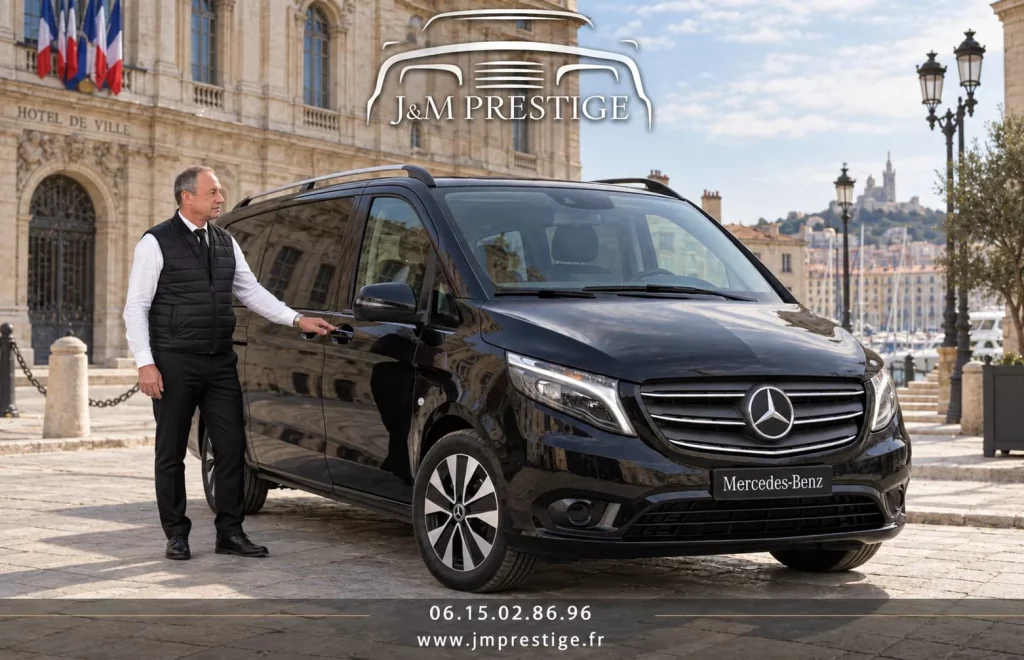 Homme en costume près d’un van Mercedes noir devant un bâtiment en pierre.